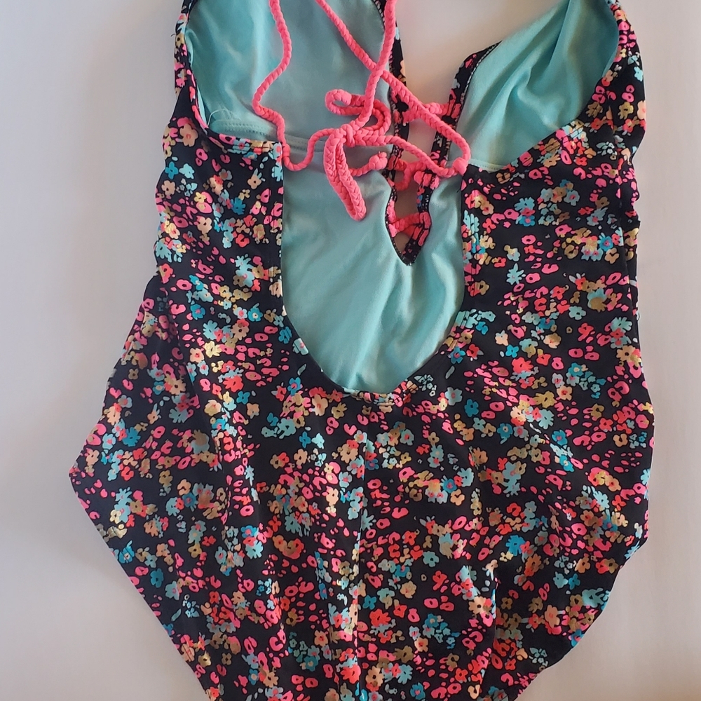 Joe boxer Neon Floral Black Tie Front Summer One Piece Womans Bathing Suit Large - Picture 5 of 6